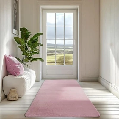 Abbildung von SIMPEX Läufer Teppich Rosa 80x150 cm Kurzflor Waschbar, weich &amp; rutschfest, modernes einfarbiges Design für Schlafzimmer, Küche Flur