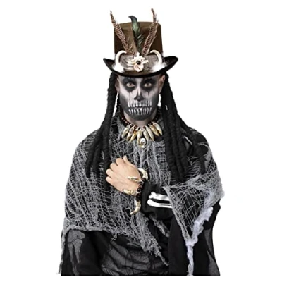 Abbildung von Smiffys Voodoo Schäbiger Elfenbein Schmuckset, mit perlenbesetzter Totenkopf Halskette und Armband