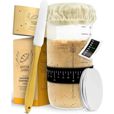 Abbildung von Krustenzauber Brotbackform Sauerteig Starter Set Gärglas mit Spatel u. Thermometer , (Brot Backen Zubehör, Glas, Fermentieren, 1 tlg), Sourdough Kit, Anstellgut Glas Behälter, Fermentierglas