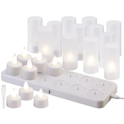 Abbildung von Lunartec Flacker LED Teelichter: 24er Set Akku Teelichter mit Kunststoff Dekogläsern &amp; Ladestation (LED bewegliche Flamme, Elektrisches Teelicht zum Aufladen)