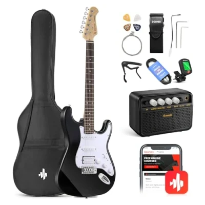 Abbildung von Donner e Gitarre Set Gitarren, S H Pickups, 39 Zoll Volle Größe mit Verstärker, Tasche, Capo, Gurt, Saiten, Tuner, Kabel und Plektren (Schwarz)