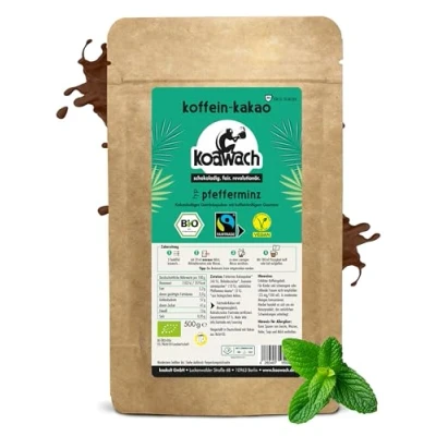 Abbildung von koawach Pfefferminz Kakaopulver Trinkschokolade Koffein Kakao Guarana Vegan heiße Minz Schokolade mit Rohrzucker Perfekt für Smoothies, Frühstück und Backen. Bio &amp; Fairtrade (500g)