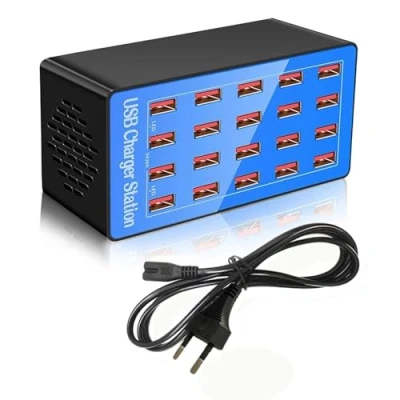 Abbildung von USB Ladestation, 20 Ports 100W/20A Desktop Ladestation für mehrere Geräte, Ladegerät mit Mehreren Apple Smartphones, Tische und weitere Geräte.
