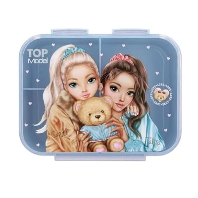 Abbildung von Depesche 13255 TOPModel Team Teddy Brotdose in Rosa, mit Model Motiv und Karo Muster, Lunchbox 3 Fächern transparent blauem Deckel