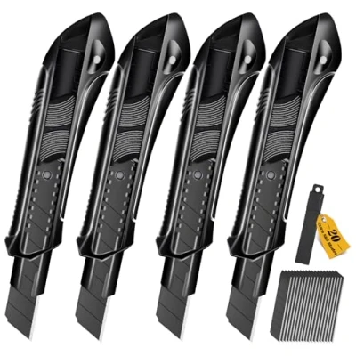 Abbildung von CCLIFE 4 Stück Cuttermesser Set 18mm mit 20 Ersatzklingen Abbrechklingen Kartonmesser Mehrzweck Messer Allzweckmesser Teppichmesser Sicherheitslock, schwarz