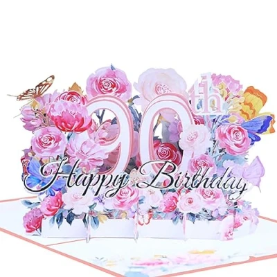 Abbildung von Geburtstagskarte zum 90. 3d blume pop up geburtstag Karte Grußkarten Geschenk mit Umschlag Happy Birthday Greeting Card für neunzig 90 jahre frau, Mütter, Freunden, Familie women wife (Rosa)