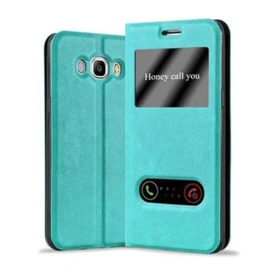 Abbildung von Cadorabo Hülle kompatibel mit Samsung Galaxy J7 2016 Sichtfenster aus Kunst Leder Flip Klappbare Magnetische [Standfunktion] [Kartenfächern] Cover für Tasche in Türkis