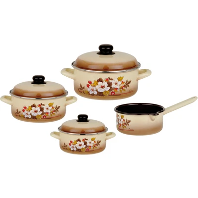 Abbildung von GSW Topf Set &quot;Madeira&quot;, Stahl Emaille, (7 tlg., je 1 Kochtopf 16/20/24 cm, 1x Stielkasserolle 16 cm), ideal für Allergiker, Induktion