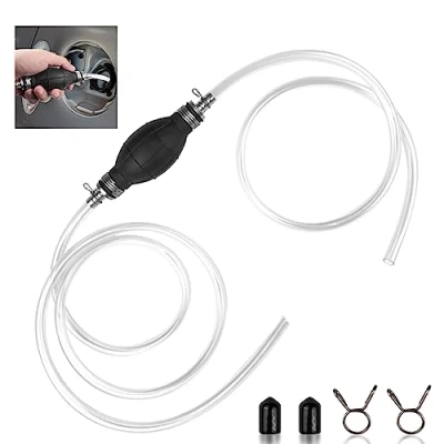 Abbildung von Fousenuk Benzinpumpe mit 2M Schlauch, Handpumpe Kraftstoffpumpe für Auto, Boot, Motorrad, Kart, Absaugpumpe 2 Schlauchschellen Umfüllpumpe Benzin, Wasser, Öl, Flüssigkeits (10 mm)