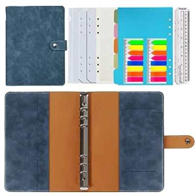 Abbildung von Ringbuch A5 Nachfüllbar,PU Leder Nachfüllbares Notizbuch Tagebuch Karierte Papier Echtleder Innentaschen für Reisearbeit und Organizer,Geschenk Mädchen, Jungen （Blau,23x17cm)