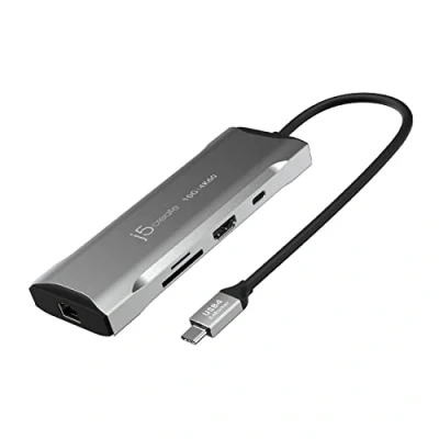 Abbildung von j5create USB C Hub 4K 60Hz HDMI, 10Gbps, 2 A 100W PD mit 5Gbps, Ethernet, SD 4.0 Kartenleser für MacBook, XPS, Surface Pro (JCD393)