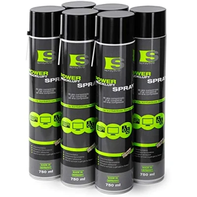 Abbildung von 6 x 750ml Spraytive Power Druckluftspray/Druckluftreiniger mit 100mm Sprühverlängerung PC Reinigungsset zur Reinigung von Tastatur, Computer, Kamera Air Duster