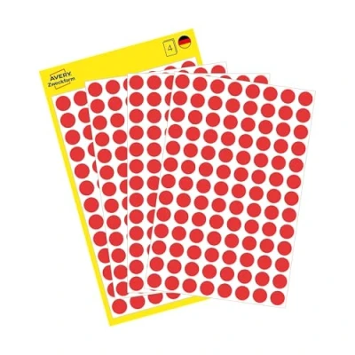 Abbildung von AVERY Zweckform 3010 selbstklebende Markierungspunkte 416 Stück (Ø 8mm, Klebepunkte auf 4 Bogen, Punktaufkleber zur Farbcodierung, runde Aufkleber für Kalender, Planer und zum Basteln, Papier) rot