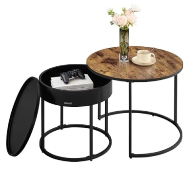 Abbildung von VASAGLE Couchtisch rund, 2er Set, Beistelltisch, Satztisch, modern, versteckter Stauraum, Tablett, für Wohnzimmer, Schlafzimmer, Balkon, vintagebraun tintenschwarz LCT044K01