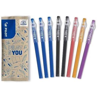 Abbildung von PILOT FriXion Ball Stick Set mit 8 Stiften Gel Tinte radierbar 3 Blau, 2 Schwarz, 1 Koralle, Orange, Lila Der preiswerte Stift Für Federmäppchen Schulartikel