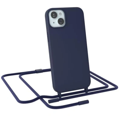Abbildung von EAZY CASE Handykette kompatibel mit iPhone 15 Plus dünne Handyhülle für Hülle Band als Fallschutz Kette zum Umhängen stoßeste Silikon Mikrofaser in Nacht Blau