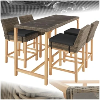 Abbildung von tectake® Rattan Bartisch mit Barhocker Set, Outdoor Balkon Möbel, Gartenmöbel Set Stehtisch und 4X Barstuhl Lehne, Theke in Marmor Optik, für Garten, Terrasse, Natur