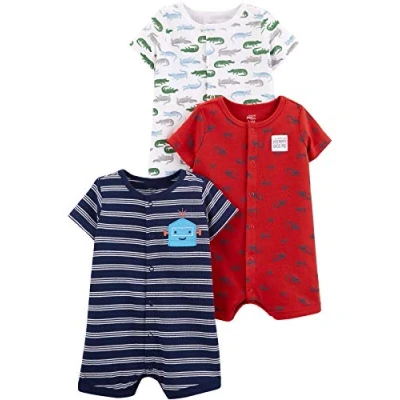 Abbildung von Simple Joys by Carter&#039;s Baby Jungen 3 Pack Snap up Rompers Strampler, Marineblau Streifen/Rot Konstruktion/Weiß Alligator, 0 Monate (3er Pack)
