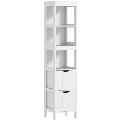Abbildung von HOMCOM Badezimmerschrank schmal, Hochschrank Toilettenschrank mit 2 Schubladen und 3 offenen Fächern, Badschrank für kleine Räume Badezimmer, Wohnzimmer 30 x 141,2 cm Weiß