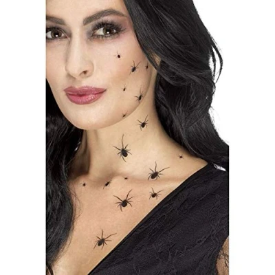Abbildung von 32 Tattoos krabbelnde Spinnen schwarz Make up Schminke FX Halloween Horror Karneval Fasching eklig gruselig