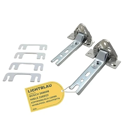 Abbildung von Lichtblau 2x Türscharnier für Kühlschrank Front Montage I passend Bosch und Siemens 00268698, Miele 2285121, Privileg 00907485 uvm. Scharnier Set Kühlschranktür