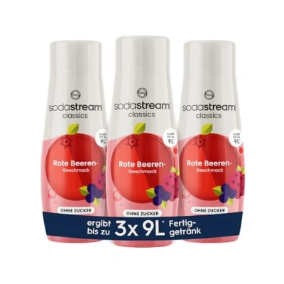 Abbildung von SodaStream Sirup 3x Rote Beeren ohne Zucker, 1x Flasche ergibt 9 Liter Fertiggetränk, Sekundenschnell zubereitet und immer frisch, 440 ml