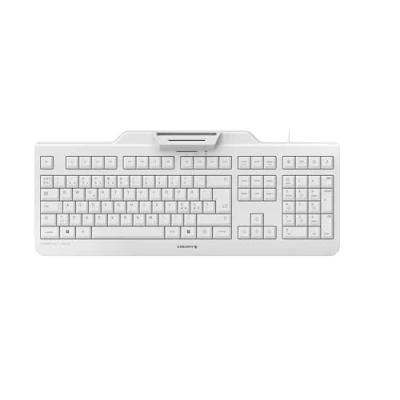 Abbildung von CHERRY KC 1000 SC, Pan Nordisches Layout, QWERTY Tastatur, kabelgebundene Security Tastatur mit integriertem Chipkarten Terminal, Blauer Engel, Weiß Grau