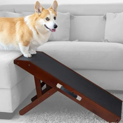 Abbildung von Hunderampe Hundetreppe Für kleine Hunde und große Einstellbar 18 53 cm Bett,Sofa Birkenholz Landeplattform schließt nahtlos an Rampe Hund Klappbar Anti rutsch Einsatz Braun