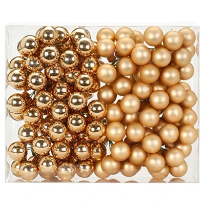 Abbildung von Magic 144 Spiegelbeeren Kugeln am Draht 2,5cm Weihnachtskugeln Baumkugeln Baumschmuck Weihnachtsdeko Glaskugeln Set Christbaumschmuck 25mm Brokat Gold Glanz matt