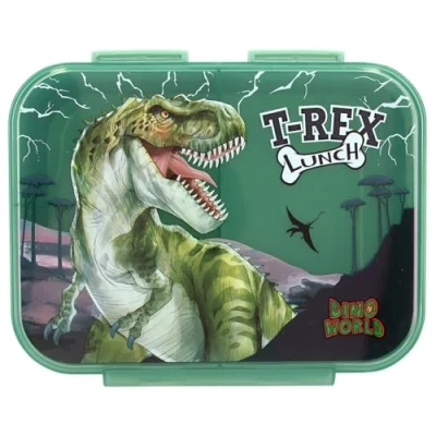 Abbildung von Depesche 12898 Dino World Reflector Brotdose in Dunkelgrün, mit Motiv und Blitzen, Lunchbox 3 Fächern transparentem Deckel