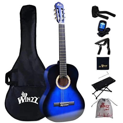 Abbildung von Winzz Konzertgitarre 4/4 Anfänger Set 39 Zoll Klassische Gitarre Kit mit Nylonsaiten für Erwachsene, Kinder ab 11+ Jahre, Blau