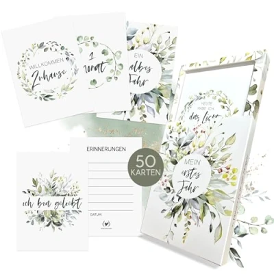 Abbildung von HIMMEL.HERZ.PAPIER® Meilensteinkarten Baby Geschenk zur Geburt &amp; Babyparty und Schwangerschaft 50 Karten inkl. Geschenkbox für Jungen Mädchen Grün
