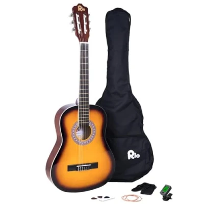 Abbildung von Akustikgitarren Set (3/4 Größe, für Kinder von 9 12 Jahren, inkl. Tasche, Gurt, Plektren, Stimmpfeifen), Sunburst Größe: 3/4 size