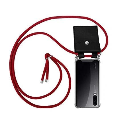 Abbildung von Cadorabo Handykette kompatibel mit Huawei P30 Schutzhülle TPU Silikon Case Necklace Design Slim Kratzfest Kordel Band Etui Rundumschutz Hülle für in Rot