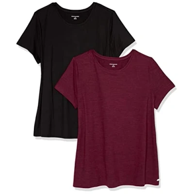 Abbildung von Amazon Essentials Damen Kurzärmliges Tech Stretch T Shirt mit Rundhalsausschnitt (in Übergröße erhältlich), 2er Pack, Burgunderrot Space dye/Schwarz, XXL