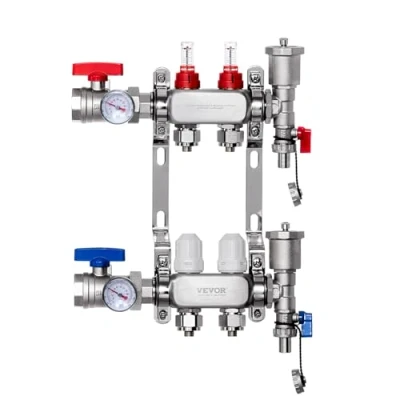 Abbildung von VEVOR 2 Heizkreise, Heizkreisverteiler Edelstahl, Kugelhähne mit G Gewinde für Zu und Rücklauf, 5 L/min Durchfluss, Fußbodenheizung, Verteiler 1/2 Zoll Adaptern Durchflussmesser