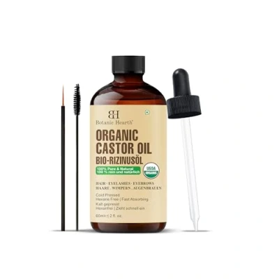 Abbildung von Botanic Hearth Rizinusöl 60 ml (Castor Oil) USDA zertifiziertes Bio 100% rein und hexanfrei Kaltgepresst Wachstum für Wimpern, Augenbrauen, Haare Mit Augenbrauen Wimpernbürste