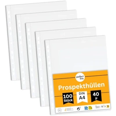 Abbildung von perfect line 100 Prospekthüllen DIN A4 Klarsichtfolien transparent genarbt Stärke 40 my dünn, leicht, platzsparend dokumentenecht, säurefrei