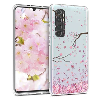Abbildung von kwmobile Case kompatibel mit Xiaomi Mi Note 10 Lite Hülle Silikon Transparent Kirschblütenblätter Rosa Dunkelbraun