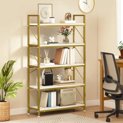 Abbildung von YITAHOME Bücherregal mit 5 Ebenen, industrielles Bücherregal, großes freistehendes Holzregal und Metallrahmen, Regal, Präsentationsregal für Wohnzimmer, Heimbüro, goldenes