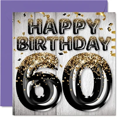 Abbildung von Geburtstagskarte zum 60. Geburtstag für Männer schwarze und goldene Glitzerballons Happy Karten 60 Jahre alten Mann Papa Opa Onkel 145 mm Grußkarten Geschenk