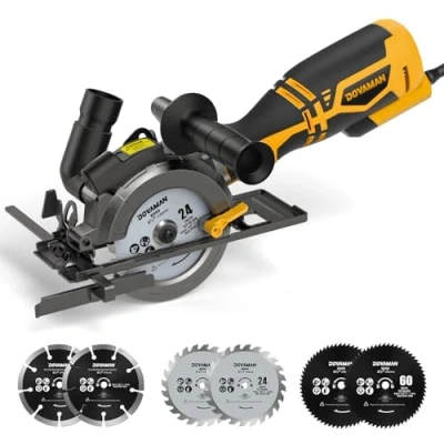 Abbildung von DOVAMAN Mini Handkreissäge, 710W 115mm Handkreissäge w/Laser, 3500RPM, Metall Hilfsgriff, 43mm (90), 29mm (45) Schnitttiefe, 6 Sägeblätter, ideal für Holz, Weichmetall, Kunststoff, FliesenMCS01A