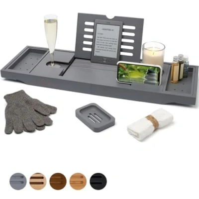 Abbildung von TEMPLE SPRING Badewannenablage Bambus mit Kerzen , Weinglas Buch Tablet iPad und Telefonhalter. Badewannentablett ausziehbar, Holz, Bathtub Tray 100% (Grau)