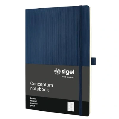 Abbildung von SIGEL CO316 Premium Notizbuch kariert, A4, Softcover, 194 nummerierte Seiten, blau, nachhaltiges Papier, mit Inhaltsverzeichnis, Stiftschlaufe, Falttasche, Gummibandverschluss, Conceptum