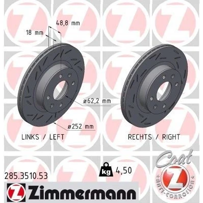 Abbildung von ZIMMERMANN 285.3510.53 Bremsscheibe 252 18 6/4 4 100 innenbelüftet, geschlitzt beschichtet HYUNDAI: i10 II Schrägheck, I, Limousine