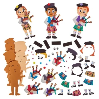 Abbildung von Baker Ross FX990 Schottischer Dudelsackspieler Mix und Match Magnet Bastelsets Packung mit 8, Magnete für Kunsthandwerk Kinder
