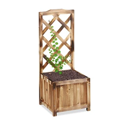 Abbildung von Relaxdays Rankkasten mit Rankgitter, wetterfest, Holz, f. Balkon, Garten, Rosen, 20 L Kübel, 90 cm Rankhilfe, gebrannt