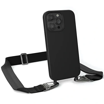 Abbildung von EAZY CASE Handykette Silikon mit Karabiner kompatibel iPhone 13 Pro Handyhülle breitem Umhängeband, Handykordel Silikon, Hülle Band, Kette für Smartphone, Schwarz Clips Silber