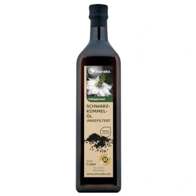 Abbildung von manako ungefiltertes Schwarzkümmelöl, kaltgepresst und 100% rein, 1000 ml Glasflasche