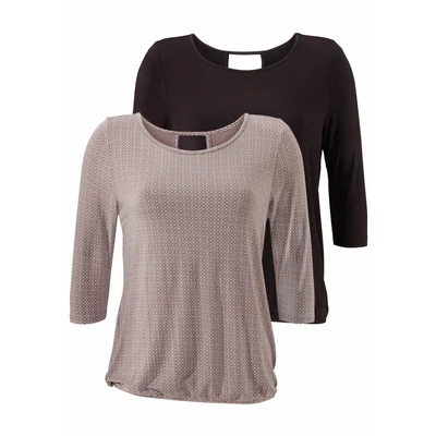 Abbildung von Lascana 2 PACK Bluse Taupe gemustert schwarz uni, Damen, Größe: 32/34, uni
